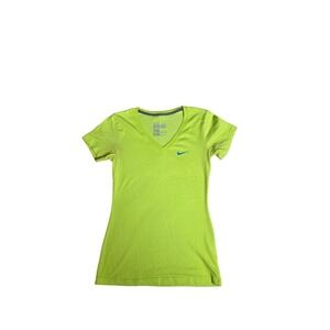 Nike Dri Fit V-Neck T Shirt Women's Neon Yellow Short Sleeve Athletic Shirt XS
